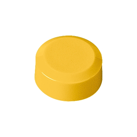Yellow, round button, slightly raised, with a smooth, shiny edge.