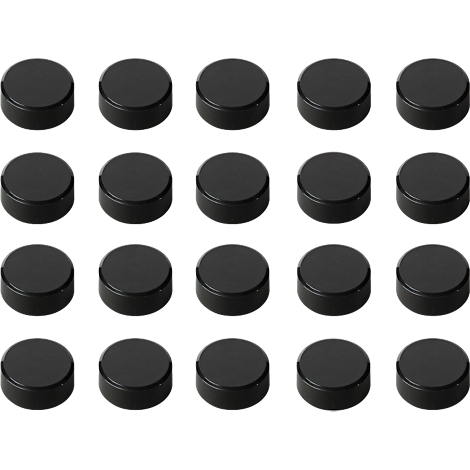 20 black, round buttons on a white background. Each button has a flat top and a wide rim.