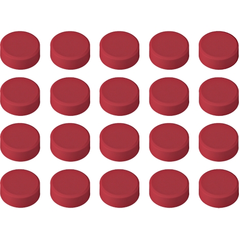 Top view of an arrangement of 20 round, red pills on a white background.