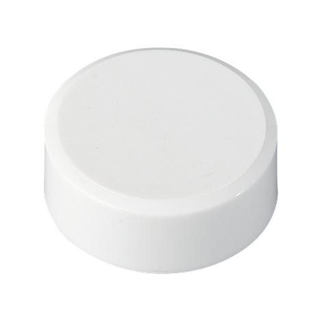 White cylindrical button, slightly rounded, with a smooth surface.
