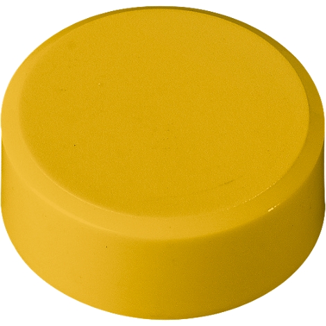 Yellow, round button with rounded edges placed on a white surface.