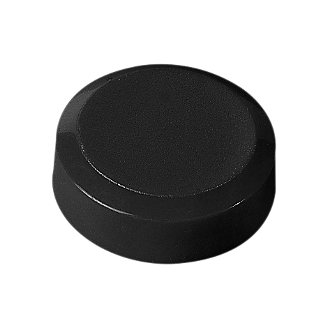 Black, round button with a slightly raised, flat surface.