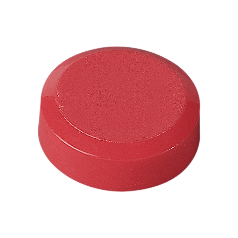 Red, round button with slightly rounded edges. Flat top, smooth.