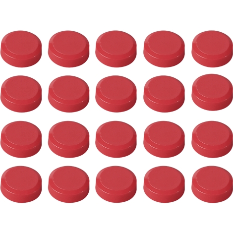An arrangement of 20 red, cylindrical objects with rounded edges, all evenly spaced on a white background.