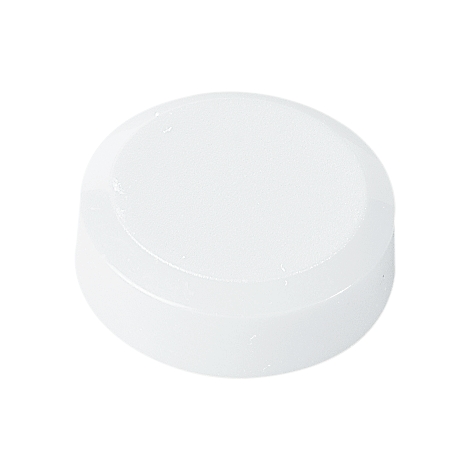 Round, white tablet, slightly shiny, with rounded edges.
