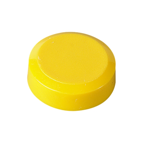 Yellow, round button, raised with rounded edges.
