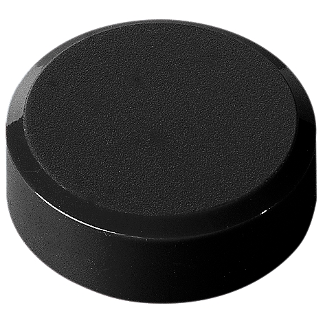 Close-up of a round, black object. The top is matte, the rim glossy.