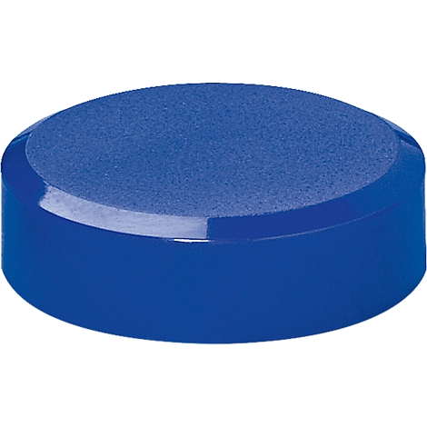 Blue, round object. Top is flat and rough, sides are smooth and shiny.