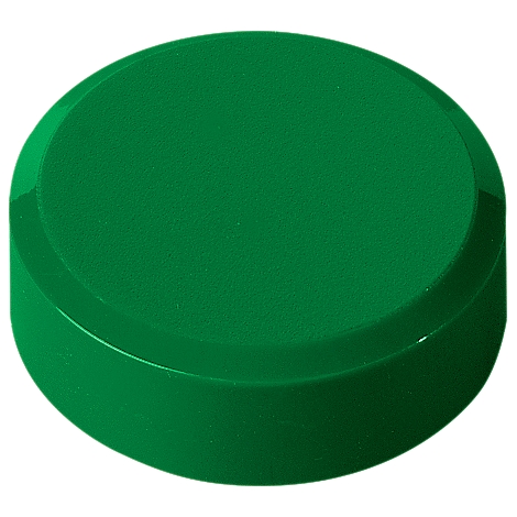 A green, round button with a slightly rounded top and a raised edge extending around the base.