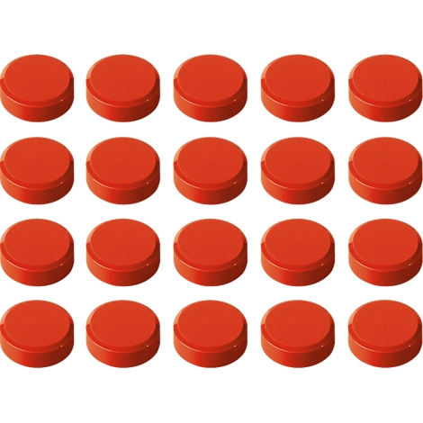 Close-up of twenty red, round magnets on a white background.