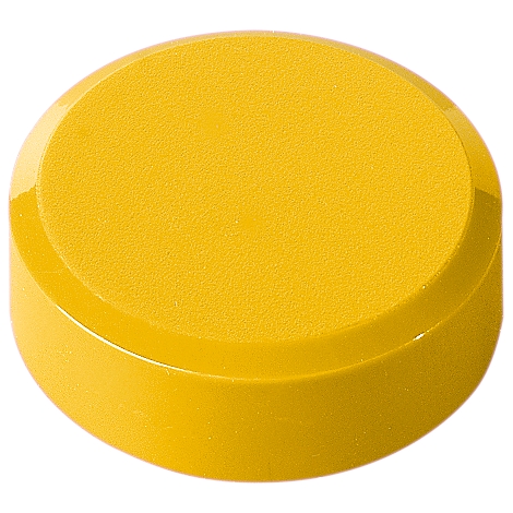Yellow, round button, slightly raised top, shiny surface.