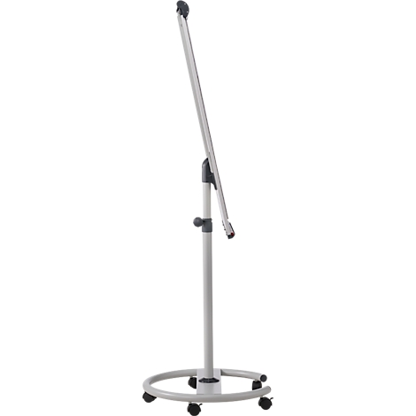 A white, rollable flipchart that is angled. The construction is silver with a black knob for adjustment.