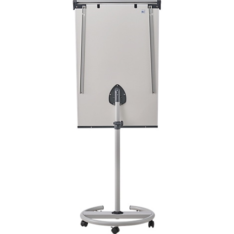 Whiteboard on wheels against a white background. Gray holder and stand, the board itself is white.