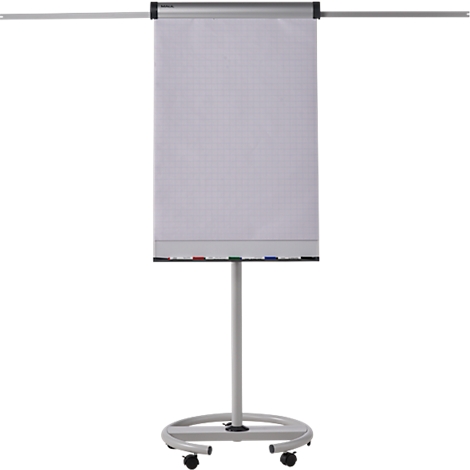 A white flip chart with checkered paper stands on a gray stand with castors. Extendable holders are attached at the top left and right.