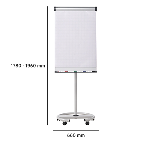 A flip chart with white paper standing on a silver stand. Size specifications are noted on the sides of the stand.
