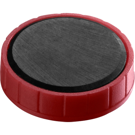 Red, round magnet with black surface and grooved edge.