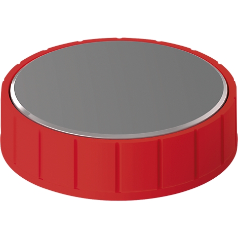 Rote Batterie mit silberner Kante und grauem Deckel.