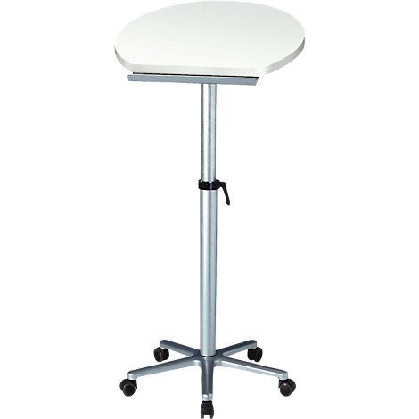 An adjustable standing desk with a white, crescent-shaped tabletop. It stands on a silver cross base with casters.