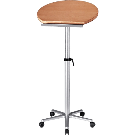 An adjustable laptop table with wooden top and wheels.