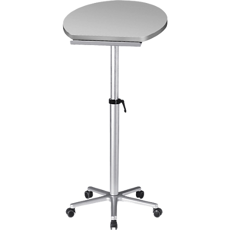 An adjustable, rolling standing desk made of metal. Gray tabletop, silver column, black handle and wheels.