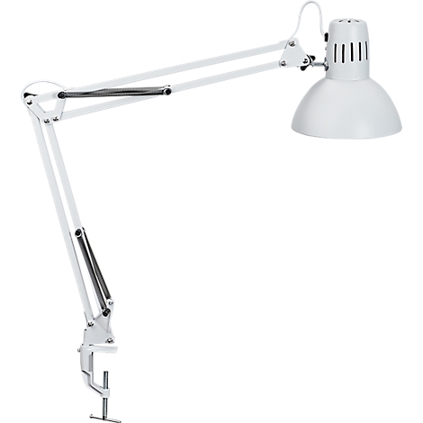 Witte bureaulamp met flexibele arm en klem, detailopname.