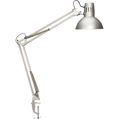 Zilveren bureaulamp met flexibele armen en een klem voor bevestiging. De lamp heeft een ronde lampenkap.
