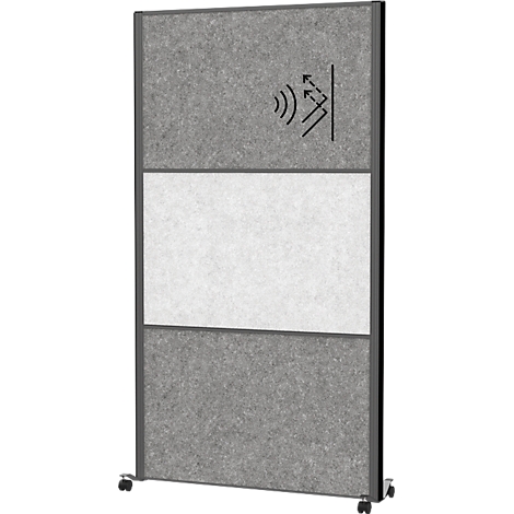 Cloison acoustique mobile grise avec une section centrale blanche. Un symbole d'absorption acoustique est en haut à gauche.