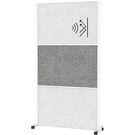 Cloison de séparation grise et blanche avec des roulettes, avec un symbole d'absorption acoustique.