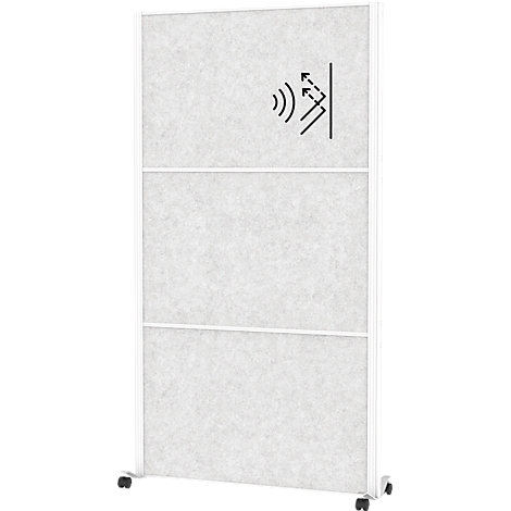 Cloisons acoustiques sur roulettes. Un symbole graphique montre des ondes sonores rebondissant sur un mur.
