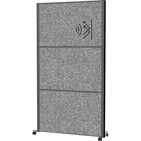 Cloison acoustique mobile grise avec roulettes. La cloison est divisée en trois panneaux et comporte un symbole d'absorption acoustique.