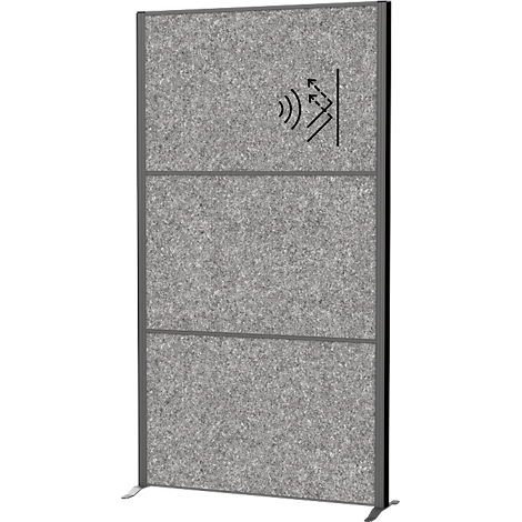 Cloison insonorisée grise en trois parties, cadre gris, pieds, symbole d'absorption acoustique.