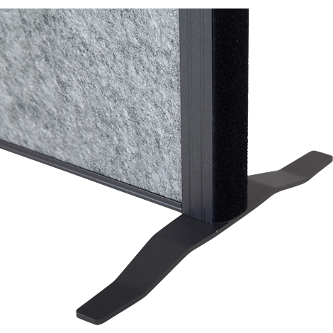 Panneau en feutre gris avec cadre et base noirs. Velcro noir sur le côté.
