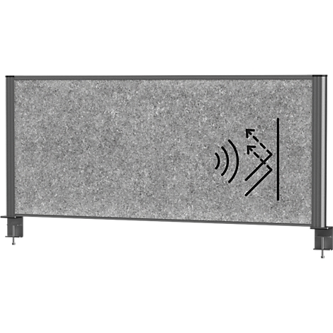 Grey soundproofing panel with metal frame and sound absorption symbols.