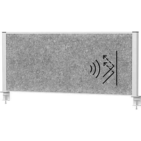 Grey acoustic wall with sound absorption symbol. It is fixed on two sides.