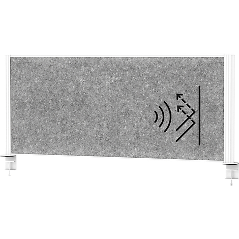 Gray soundproof wall with sound wave symbol illustrating sound absorption. White columns structure the wall.