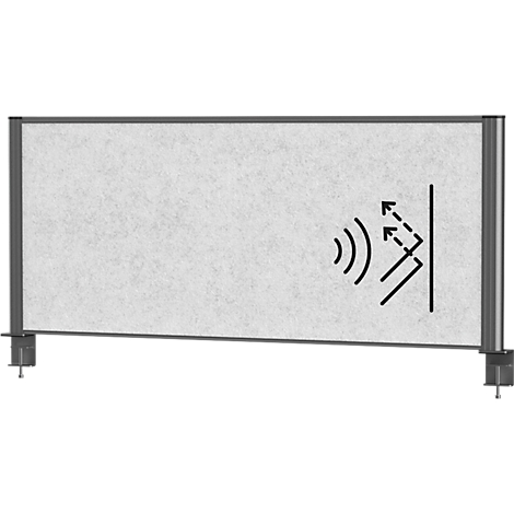 Soundproofing panel, gray surface with frame and graphic representation of sound waves.