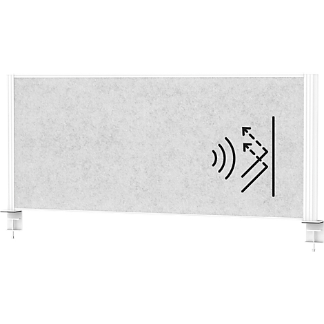 Gray soundproofing wall with sound absorption symbol. Wall is fixed with two white brackets.