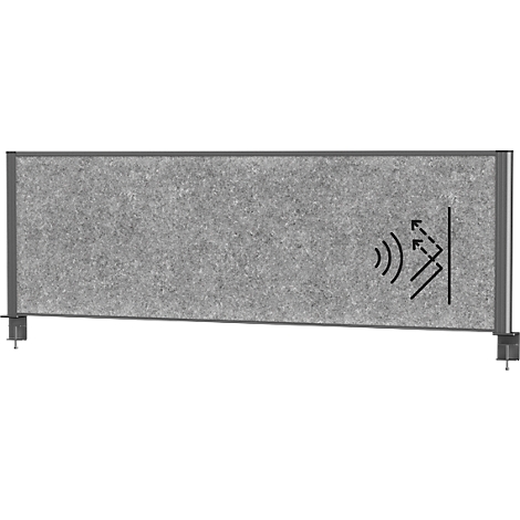 Grey sound absorbing wall with metal frame, illustration of sound waves.