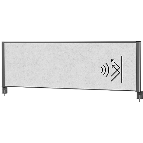 Soundproof wall, grey, rectangular, with sound absorption symbols.