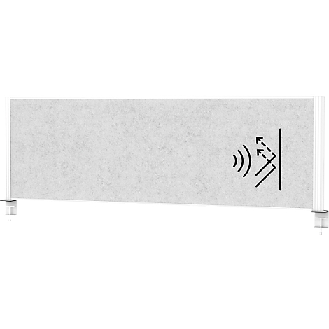 Grey soundproofing element with symbols for sound absorption.