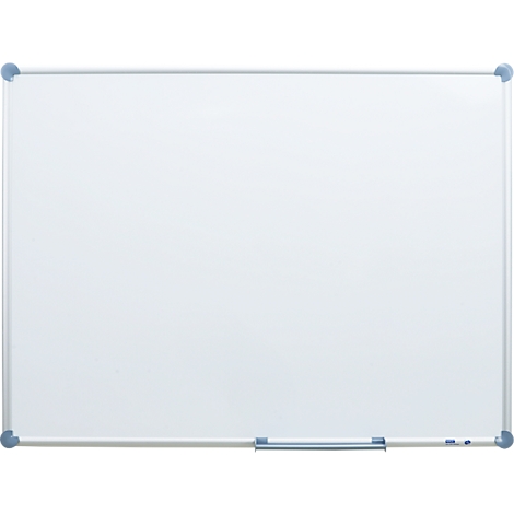 Tableau blanc avec un cadre argenté et des coins bleus. Une bande bleue est située en bas.
