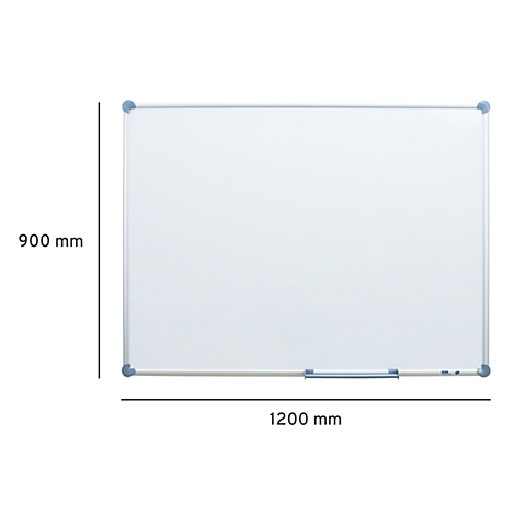 Tableau blanc rectangulaire avec cadre argenté et coins bleus. Dimensions : 900 mm x 1200 mm.