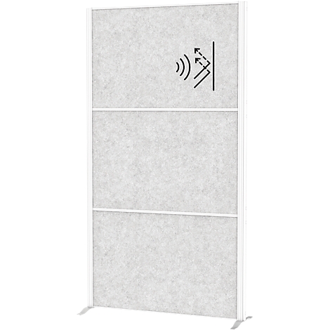 Geluiddichte wand, lichtgrijs getextureerd met wit frame en symbool voor geluidsabsorptie.