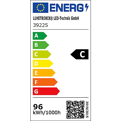 Energielabel met beoordeling van A tot G, C voor energieverbruik. QR-code en details over LUMITRONIX®.