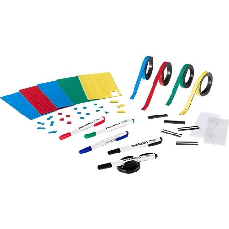 Various colored pens, magnetic tapes, shapes, sheets, and magnets are arranged.