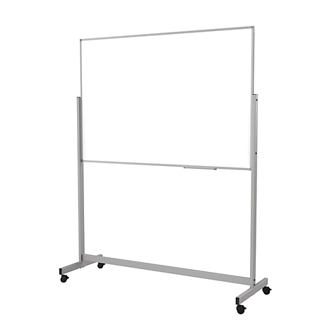 Freistehendes, mobiles Whiteboard mit silbernem Rahmen auf Rollen vor weißem Hintergrund.