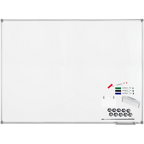 White whiteboard with a frame. Accessories: pens, sponge, magnets.
