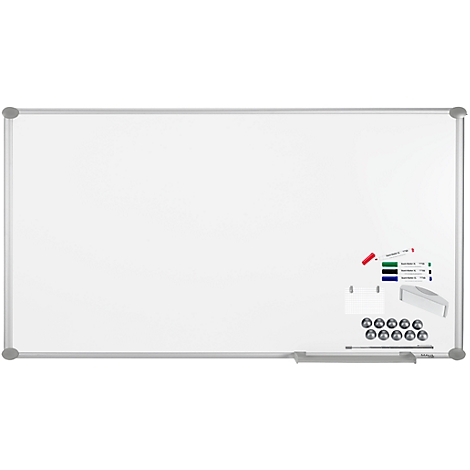 Large, white magnetic board with a silver frame. Accessories: pens, sponge, markers and magnets.