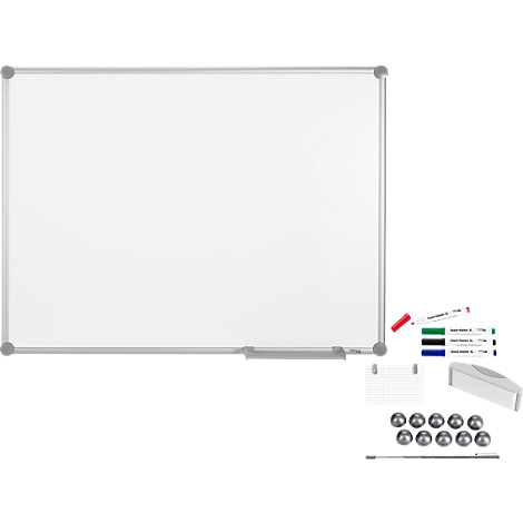 White whiteboard with silver frame and accessories: markers, magnets, and sponge.