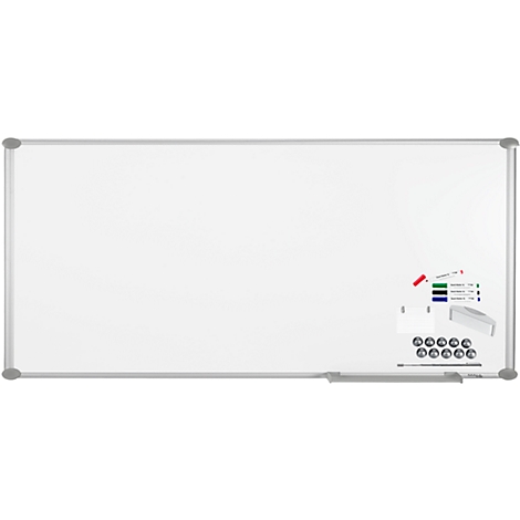 Whiteboard with silver frame and accessories like markers and eraser.